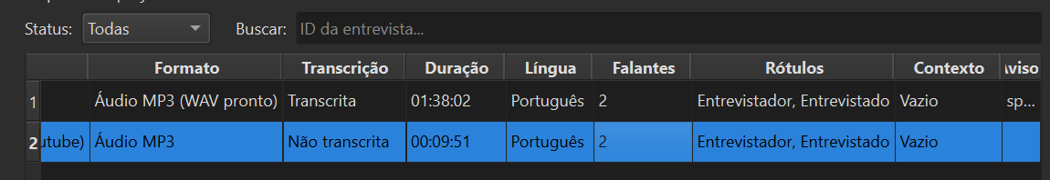 Project file manager showing multiple interviews organized by status.