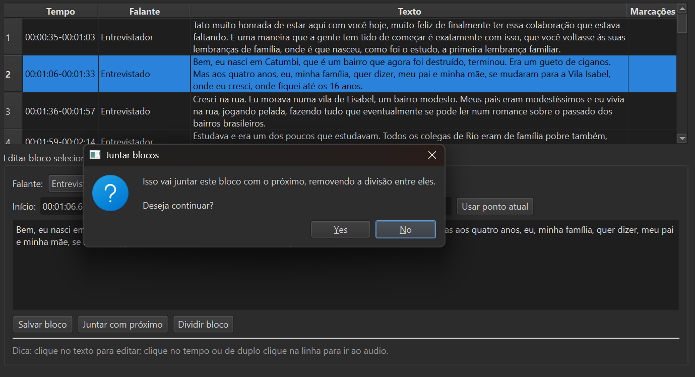 Turn editor showing options to merge and split transcript blocks.