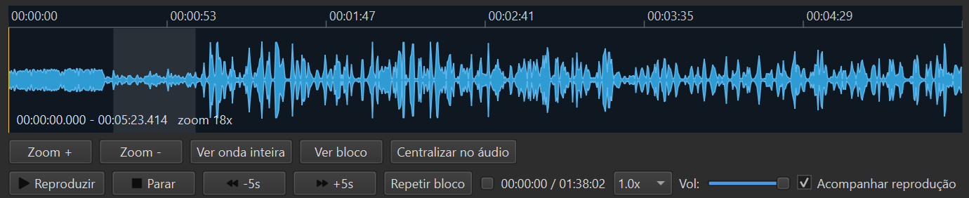Audio player synced with waveform, showing current position in the interview.