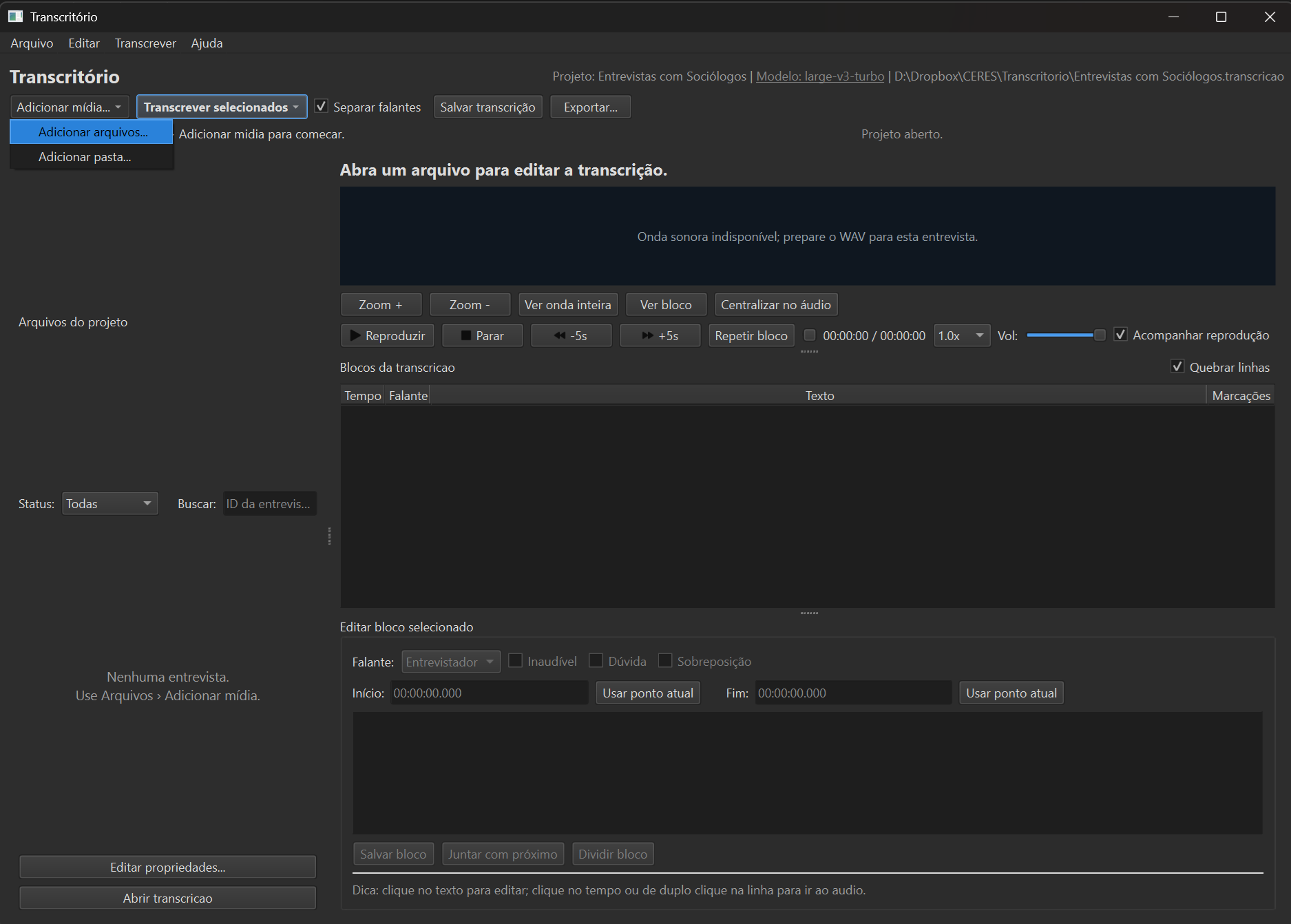 Media file addition screen.